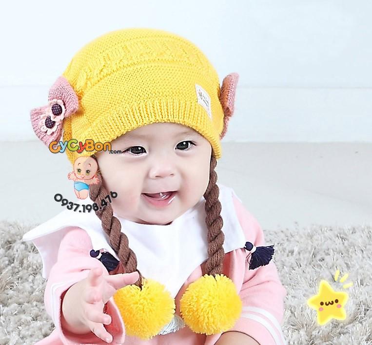 Nón Len Cho Bé Gái Dây Quấn Hai Quả Bông