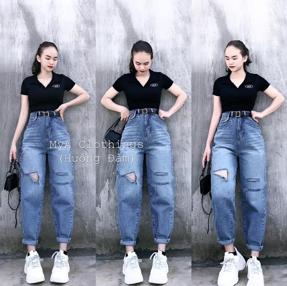 Baggy jeans túi nắp rách 3 line+ croptop petter trơn