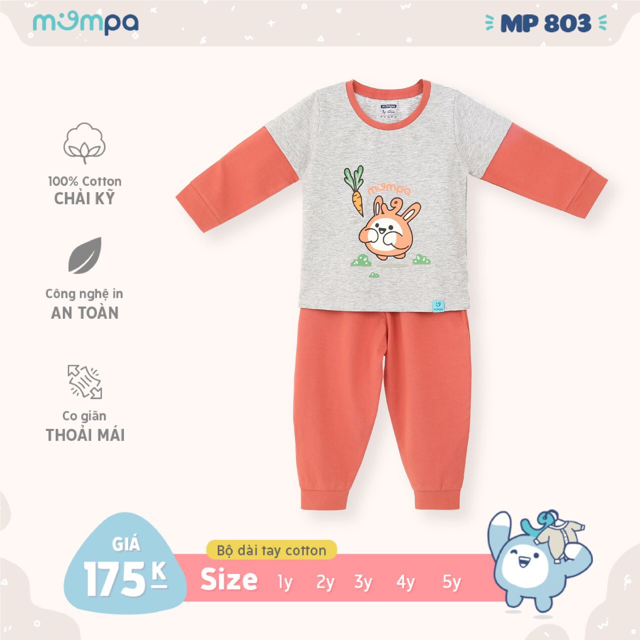 Bộ dài tay nối cotton họa tiết động vật trẻ em MP803 Mompa