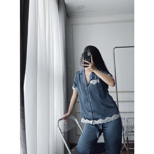 SN846 - BỘ PYJAMA LỤA NỮ CỘC TAY QUẦN DÀI PHỐI REN TRẮNG