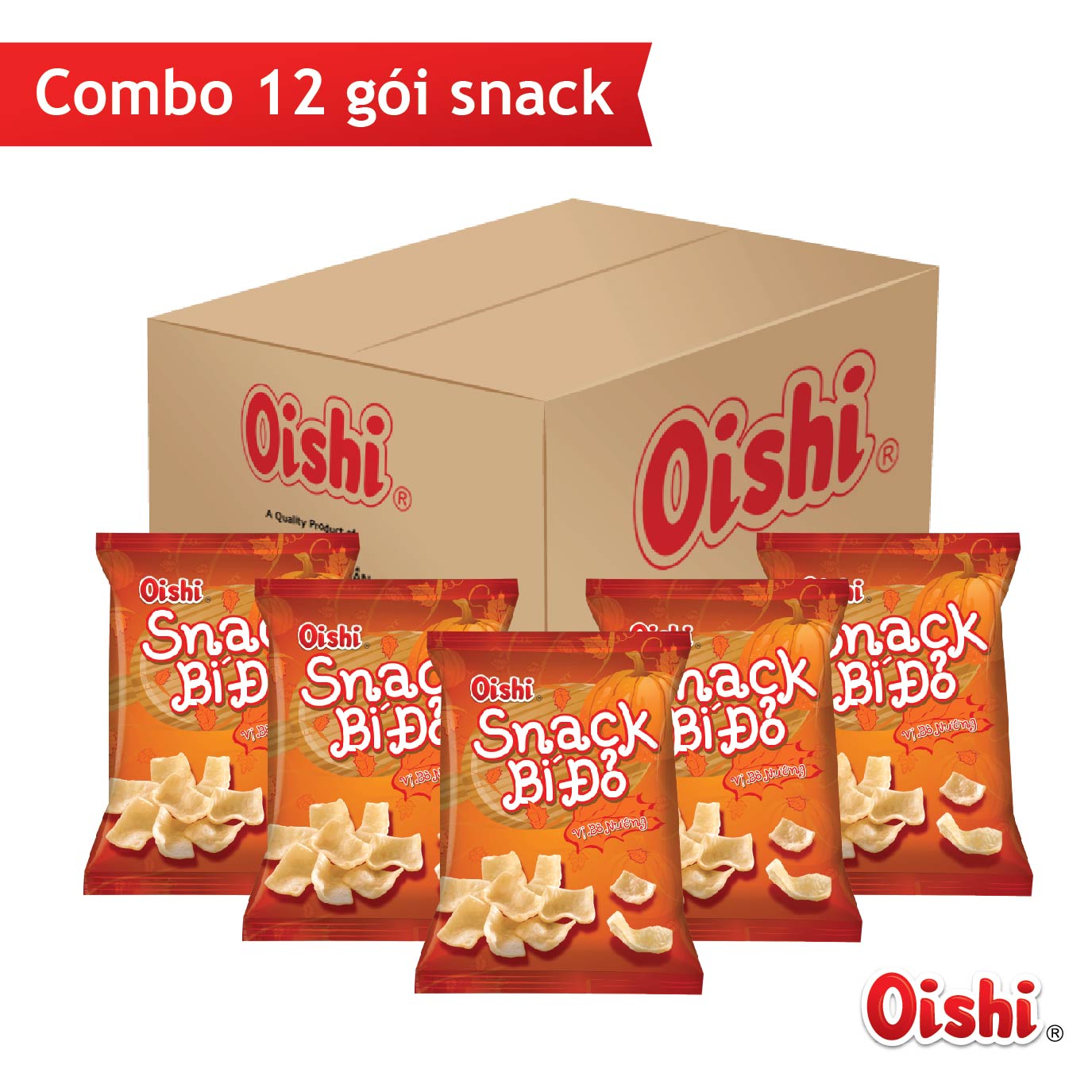 Combo 12 gói Oishi Snack Bí Đỏ Vị Bò Nướng 75g gói