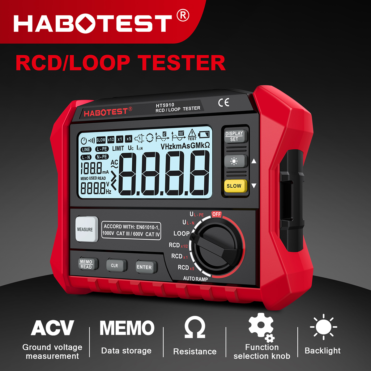 【Ship from Binh Duong】HABOTEST HT5910 Digital RCD/Loop Tester 4.7-inch LCD Resistance Meter Leakage Switch Tester 1000 Data Storage Voltmeter