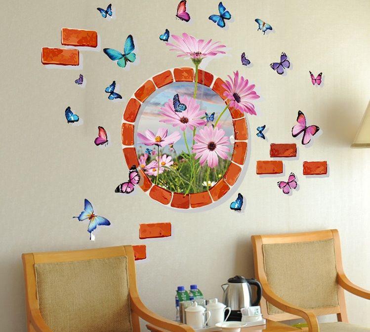 Decal dán tường cửa sổ hoa và bướm