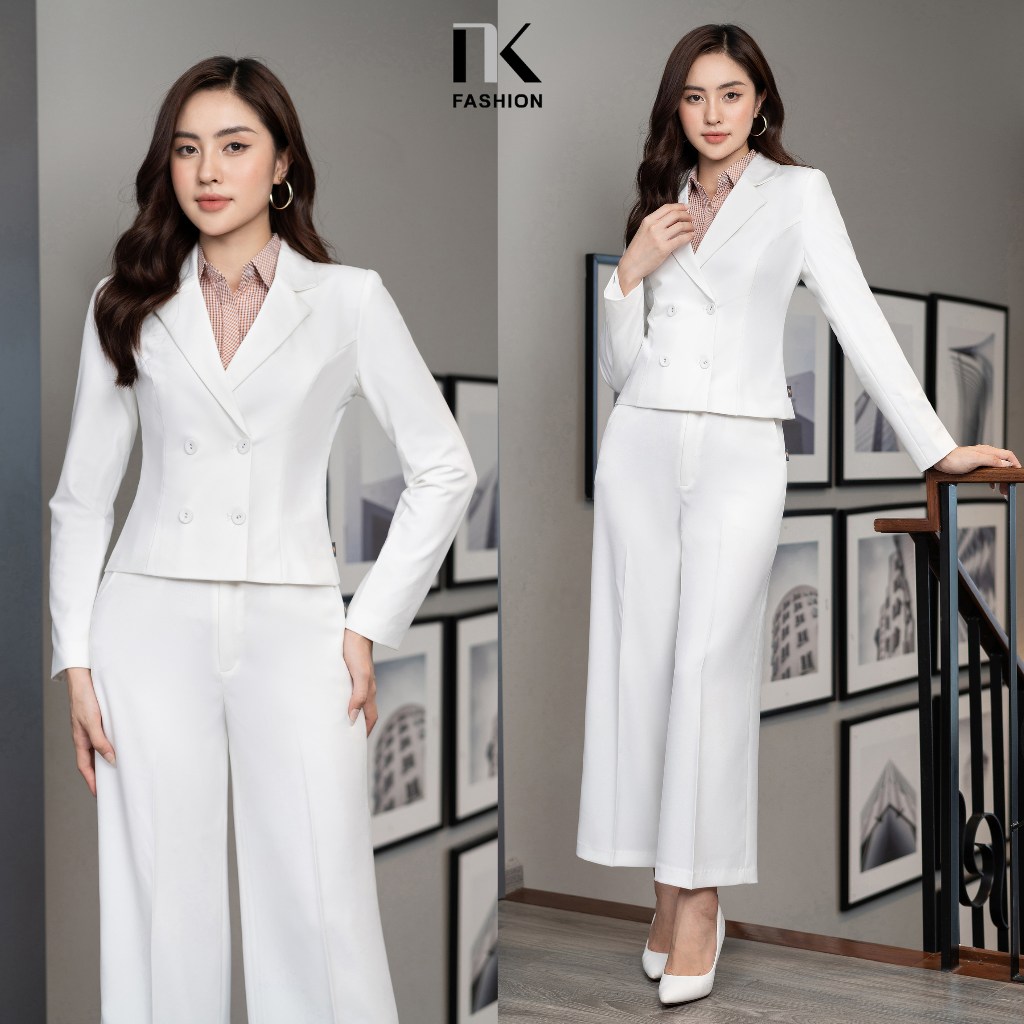 Áo Vest Công Sở Nữ 2 Lớp NK Fashion NKFAK2109003 Thiết Kế Dáng Lửng Dài Tay Kèm Cúc Bọc, Chất Liệu Nhập Hàn Cao Cấp