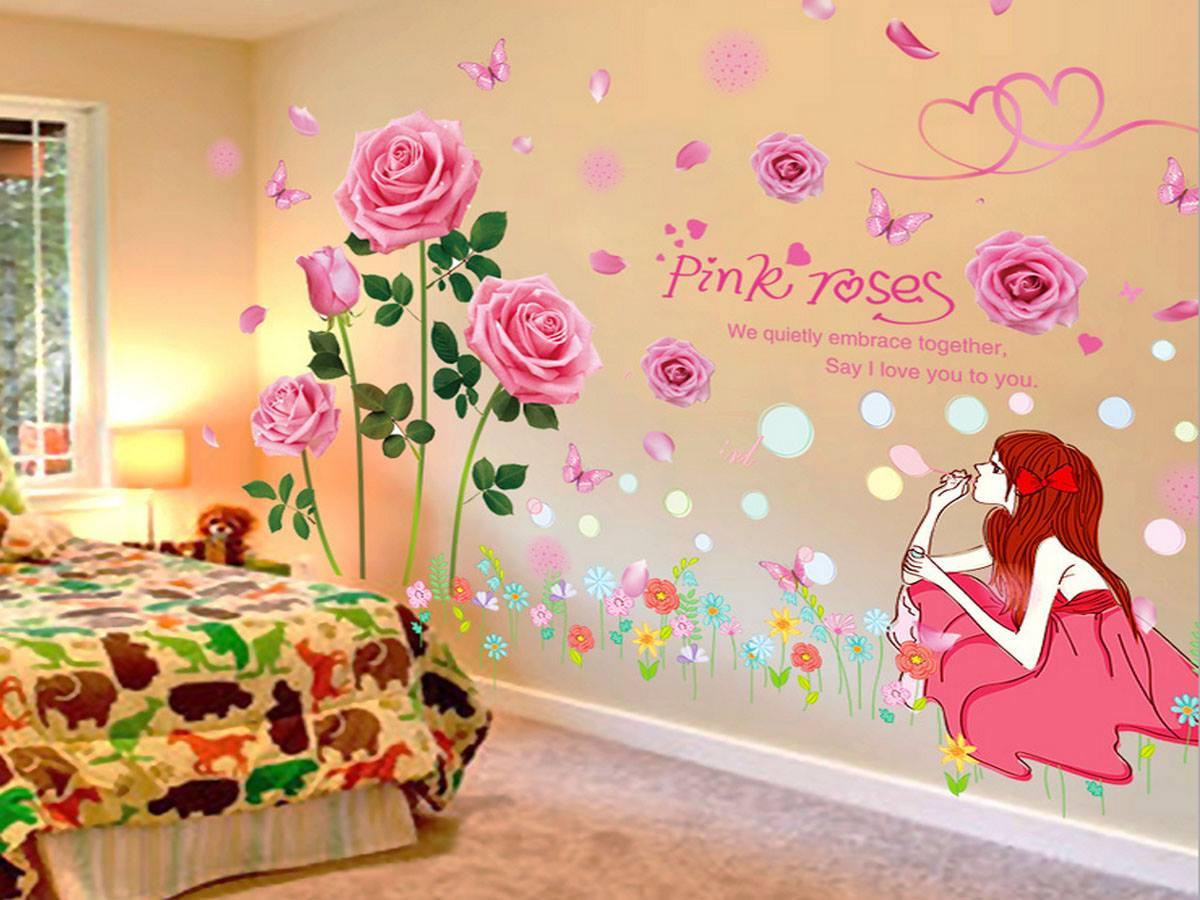 [HCM]DECAL TRANG TRÍ HOA HỒNG PHẤN VÀ CÔ GÁI THỔI BONG BÓNG