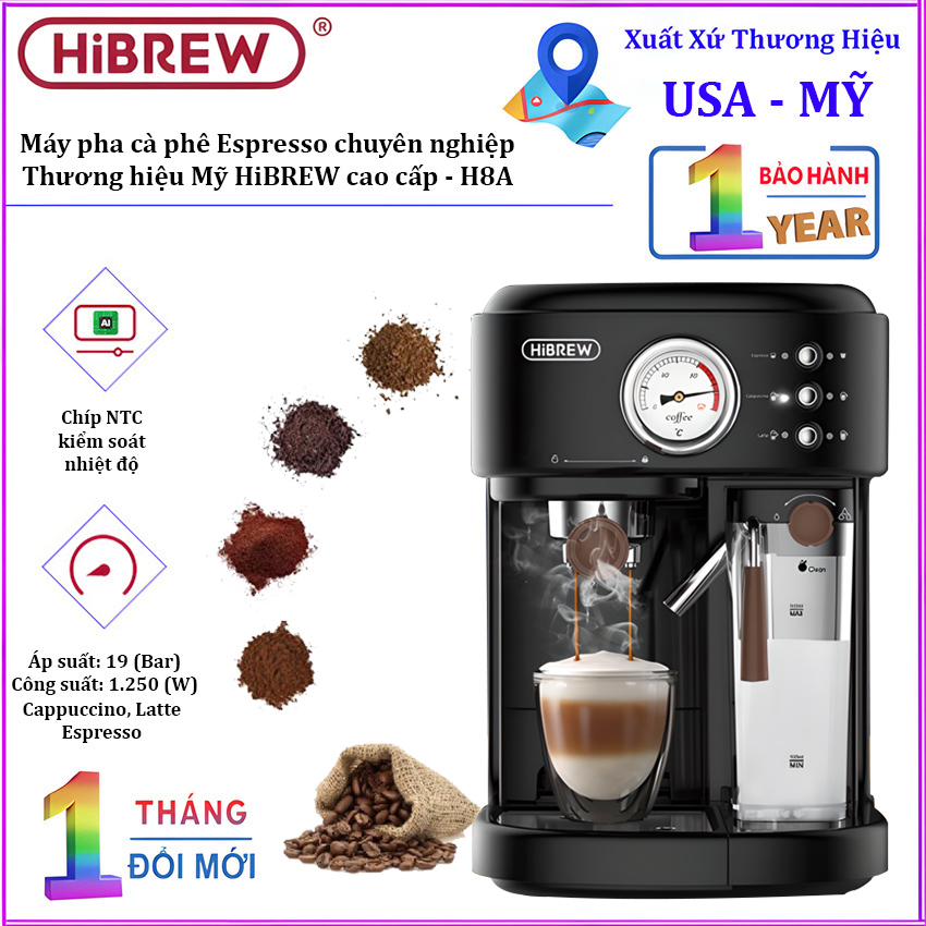 Máy pha cà phê Espresso chuyên nghiệp, thương hiệu Mỹ HiBREW cao cấp - H8A