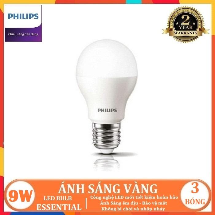 BỘ 3 - BÓNG ĐÈN LED BULB PHILIPS ESSENTIAL 9W E27 A60 ( TIẾT KIỆM ĐIỆN NĂNG - CHẤT LƯỢNG SÁNG CAO - 2 MÀU ÁNH SÁNG LỰA CHỌN TRẮNG VÀ VÀNG )