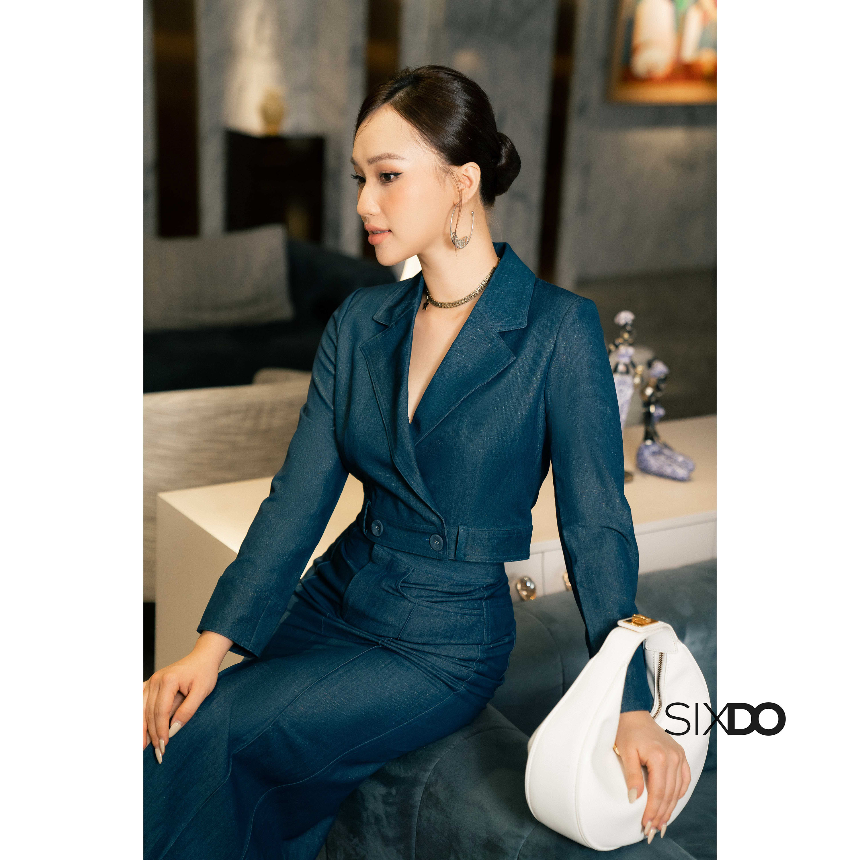 Áo Vest nữ xanh denim dáng lửng SIXDO (Blue Cropped Denim Vest)