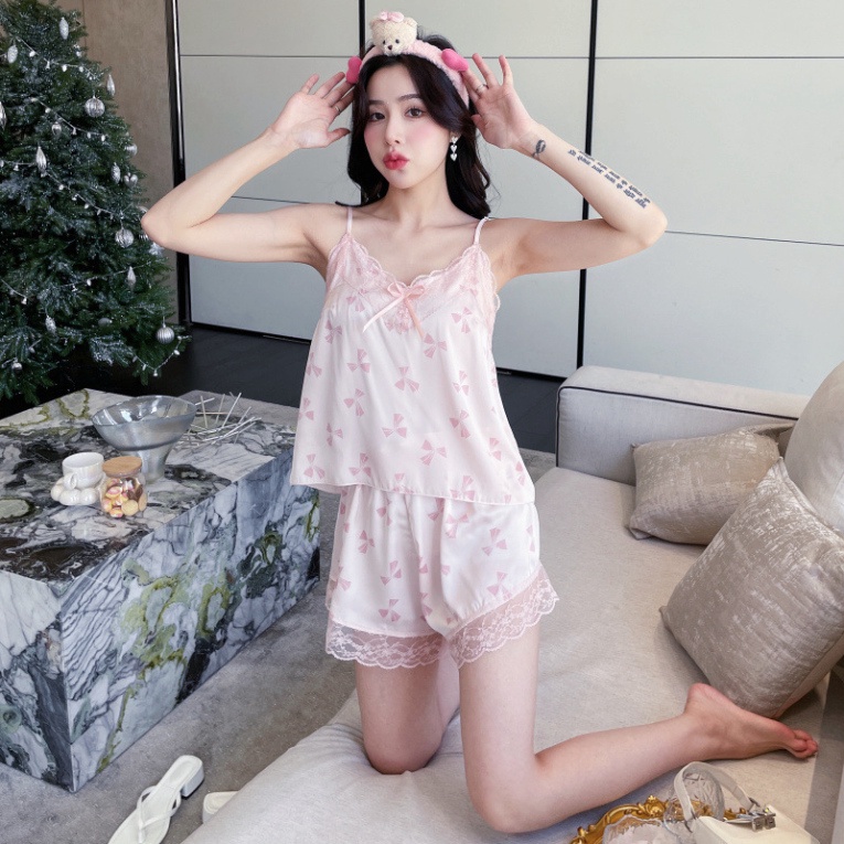 Bộ đồ ngủ lụa pijama trơn hoạ tiết dễ thương mặc nhà thoải mái -283