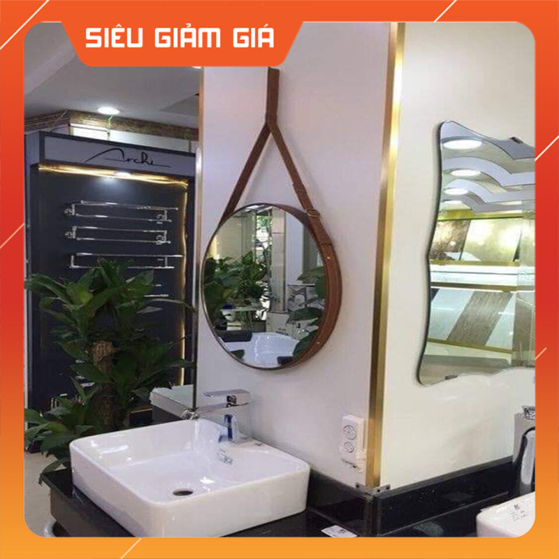 (Size 50cm) Gương Tròn Treo Tường Viền Da Simili (Màu Nâu Sậm)