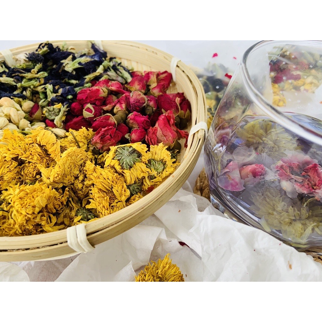 Set Trà Tứ Hoa (Hoàng cúc - Nụ hồng - Đậu biếc - Nụ Nhài) - Trà Hoa Natural Thảo Mộc