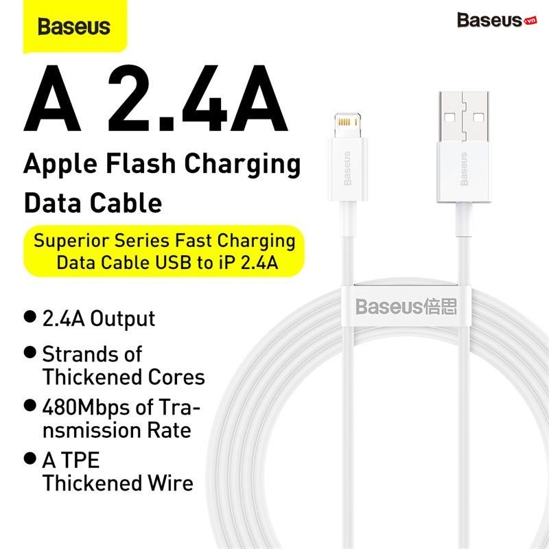 Cáp sạc lightning Baseus Superior Series Fast Charging Data Cable cho iPhone / iPad (2.4A, 480Mbps, Fast charge, ABS/ TPE Cable) - Hàng Chính hãng