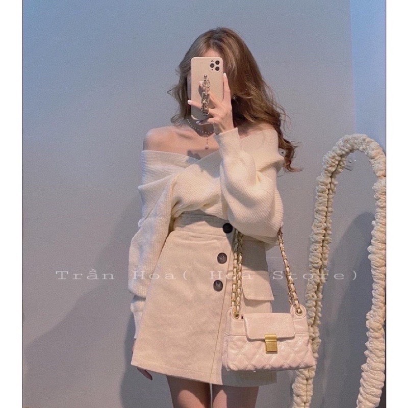 Áo len nữ dài tay cách điệu trễ vai vạt chéo  Áo chất bozip co dãn phong cách hàn quốc quyến rũ 1STCLOTHES