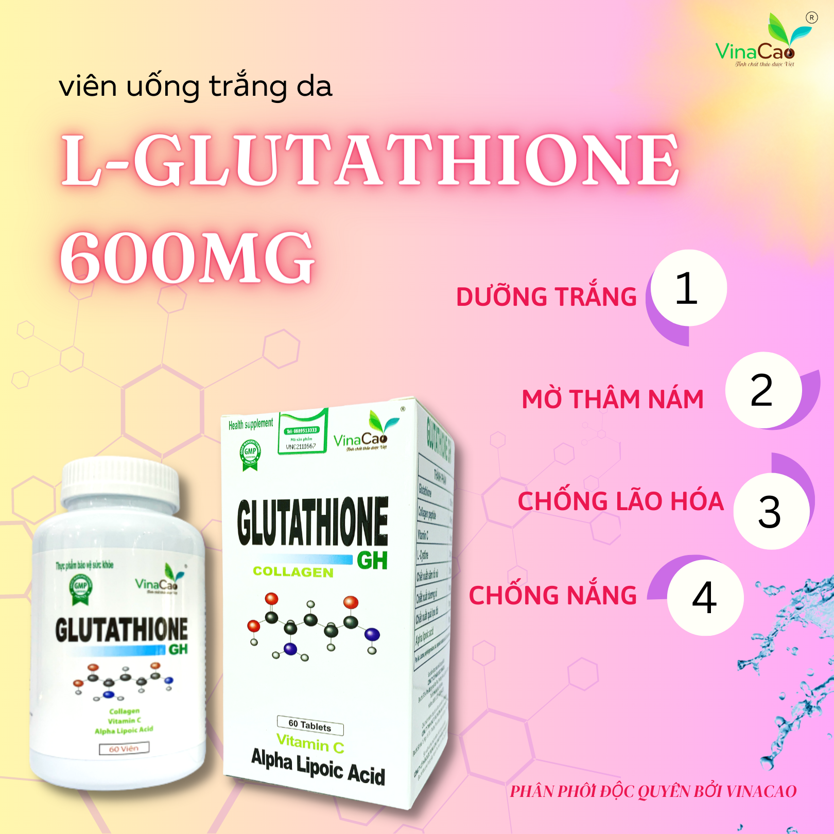 Viên uống trắng da Glutathione Collagen GH Vinacao - Hộp 60 viên - Giảm nám sạm da, tàn nhang, làm sáng da, trắng da, hạn chế quá trình oxi hóa; Tăng cường sức đề kháng, hệ miễn dịch