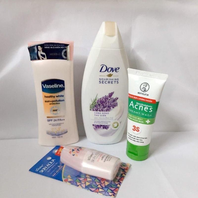 BỘ 4 MÓN: 1 chai sữa tắm Dove 120g + 1 chai dưỡng thể Vaseline 100g+ 1 tuýt rửa mặt 25g + 1 kem chống nắng 5g