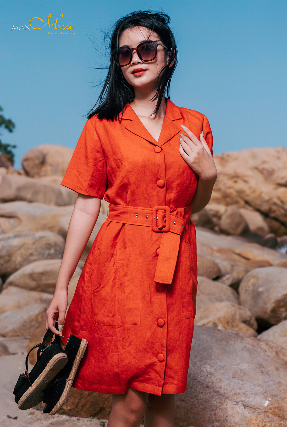 [HCM]Đầm linen cổ ve công sở nút bọc CINDY - MaxMessi