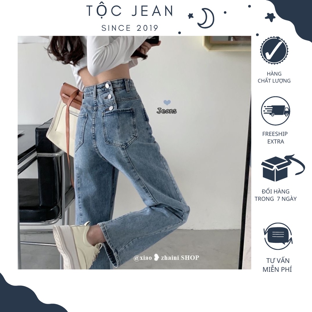 Quần JEAN ống suông tocjean nút cài lưng màu xanh-8566