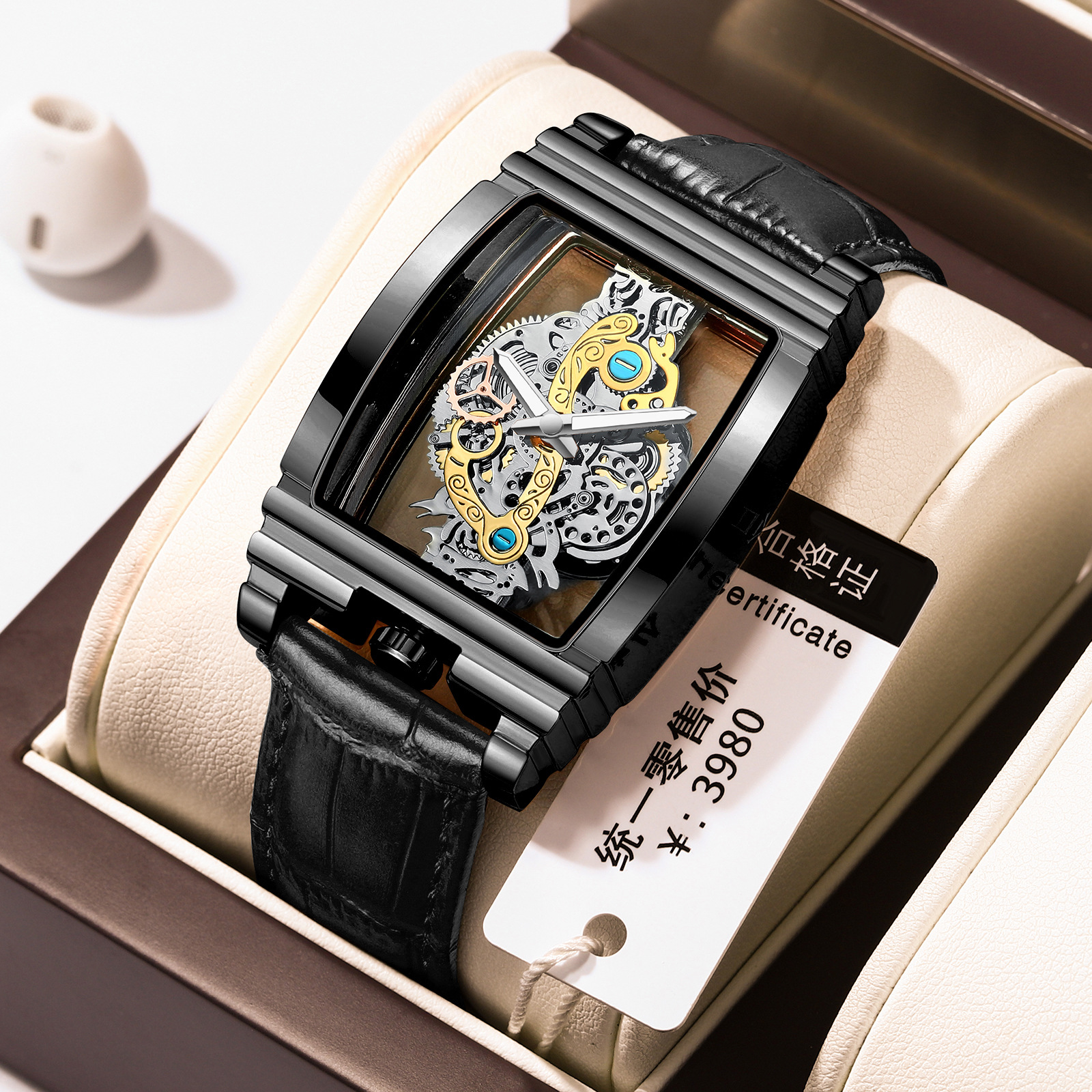 2023 New Patent Tonneau Net Red Watch Square Transparent Full Hollow Flywheel Men's Watch Waterproof Cross-Border Watch ⌚