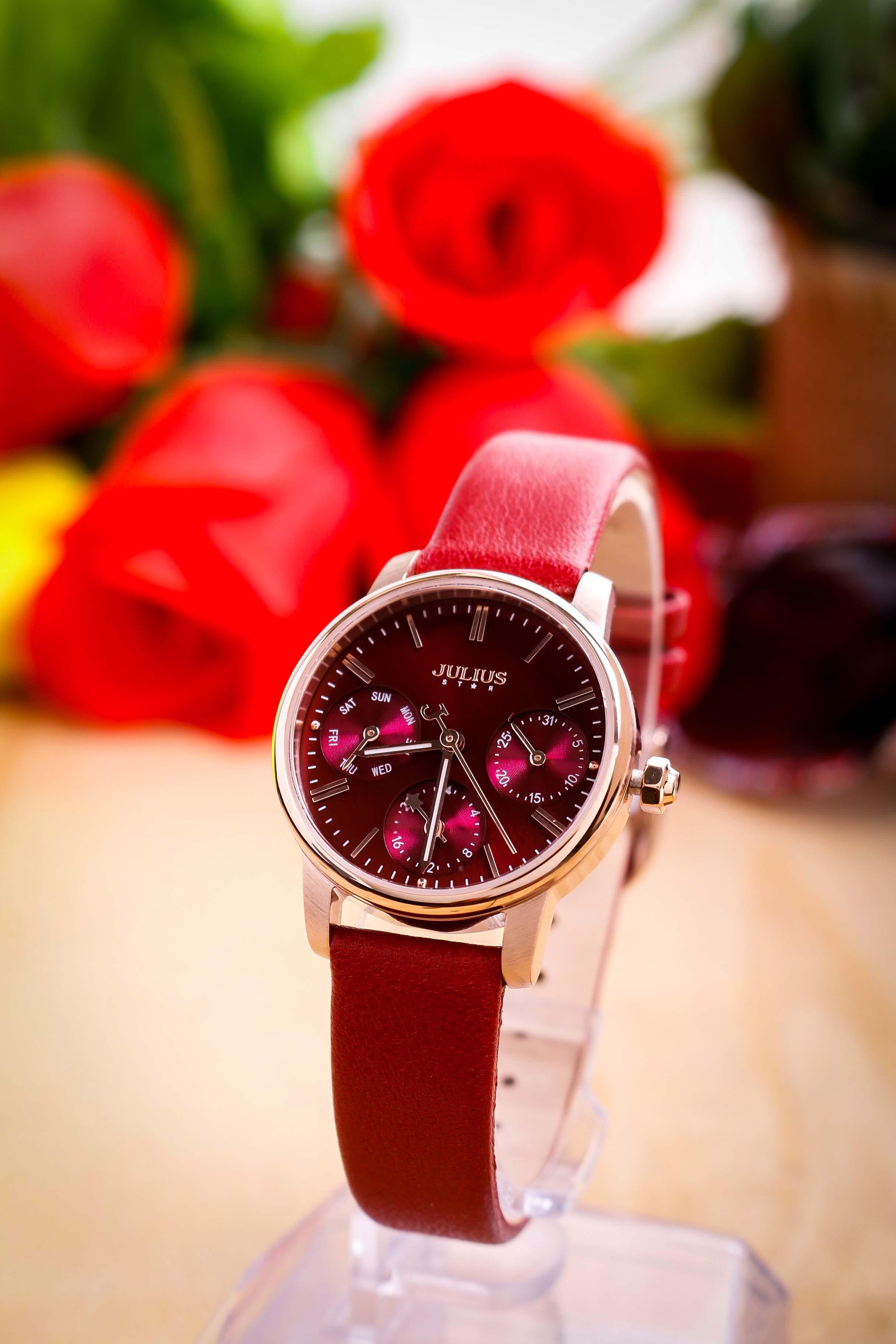 ĐỒNG HỒ NỮ JS-023D JULIUS STAR HÀN QUỐC DÂY DA (ĐỎ)