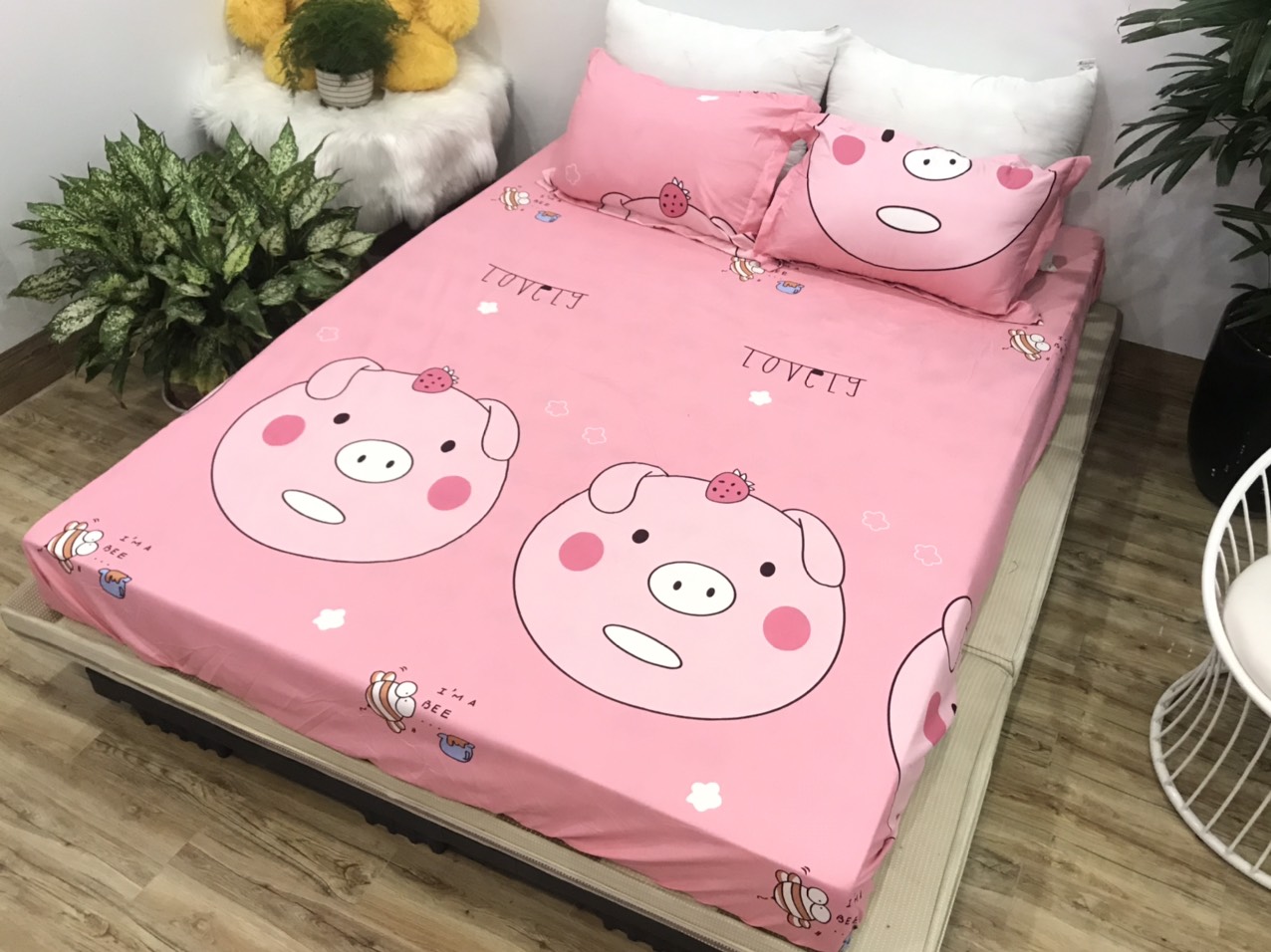 Set Ga Gối 3 Món (Gồm 1 Ga bo chun + 2 Vỏ Gối Nằm) Mẫu Heo Hồng CH211