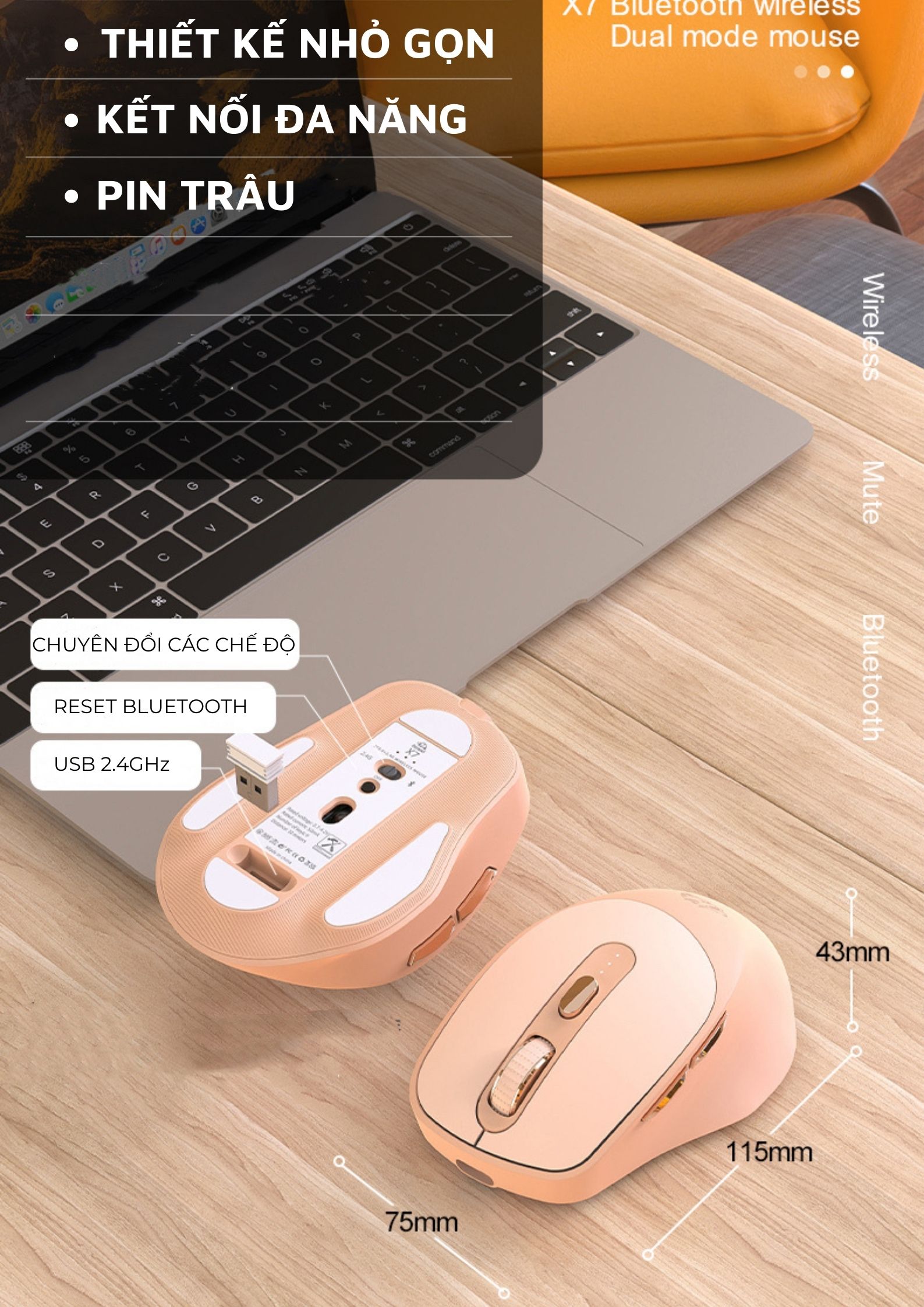 Chuột Máy Tính Bluetooth X7 Wireless Pin Sạc Kết Nối 2 Chế Độ Cho Mọi Thiết Bị Máy Tính, Laptop, ipad