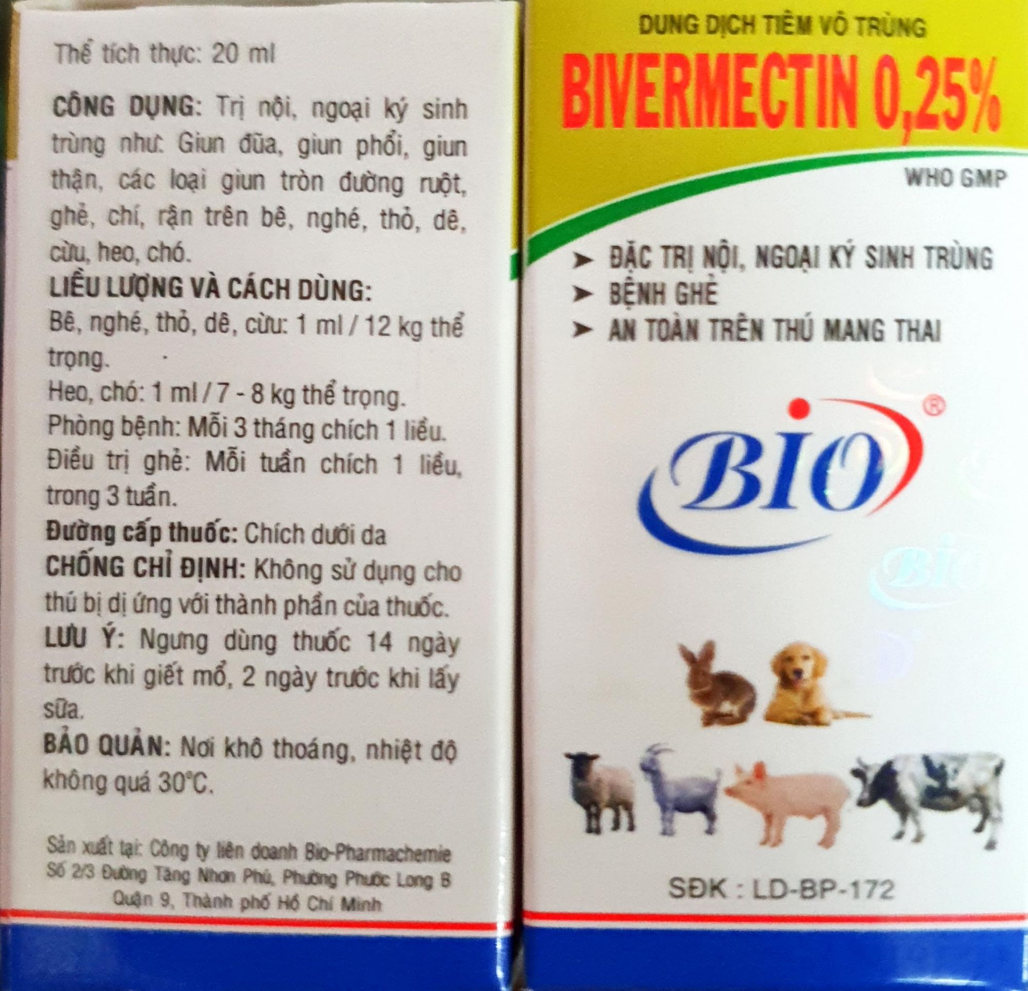 Bio Bivermectin 0.25% (20ml) - Tr.i ve, ghẻ, bọ chét, xổ giun tròn, giun đũa chó mèo