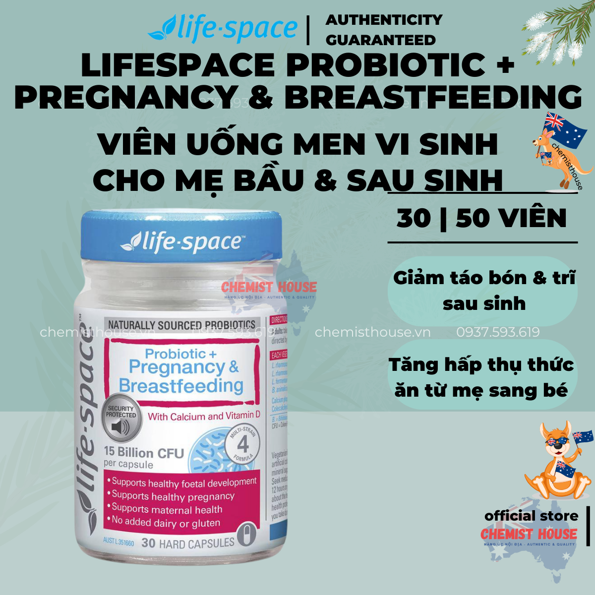 Men vi sinh ngừa táo bón cho bà bầu & cho con bú - Life Space Probiotic for Pregnancy & Breastfeeding 30 viên