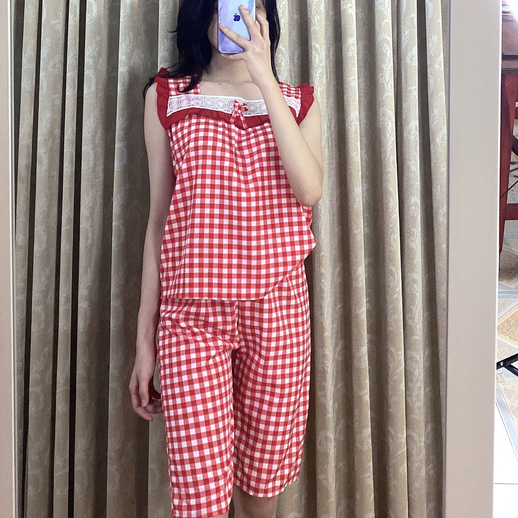 Đồ Bộ Nữ Mặc Nhà Lửng kate lụa họa tiết caro siêu xinh freesize dưới 53kg