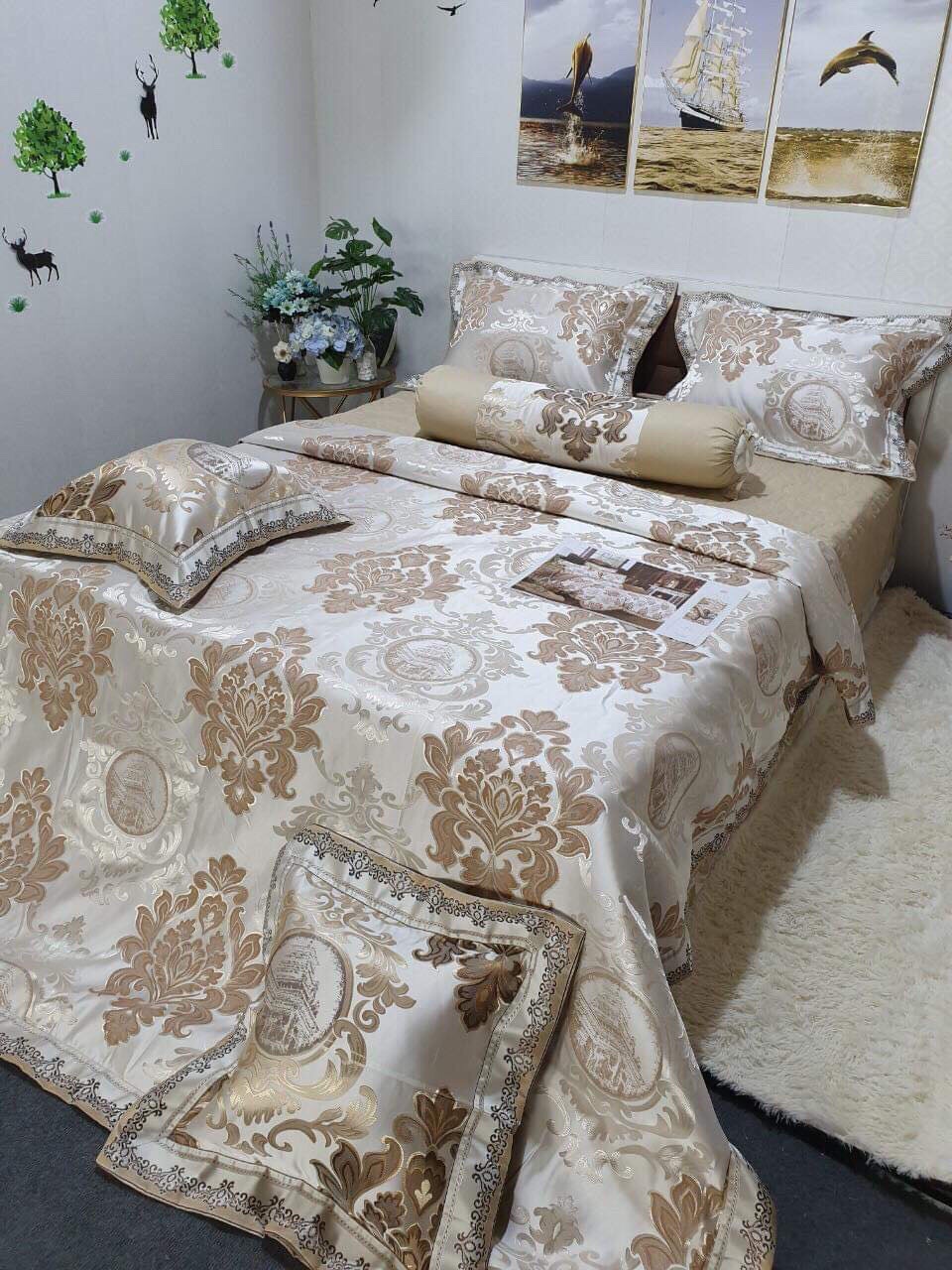 Bộ chăn ga gối 5 món gấm lụa hoàng gia cao cấp
