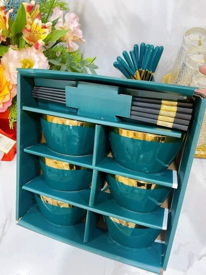 [HOT] BỘ 6 BÁT SỨ XANH CỔ VỊT VIỀN VÀNG HOÀNG GIA SANG TRỌNG KÈM ĐŨA