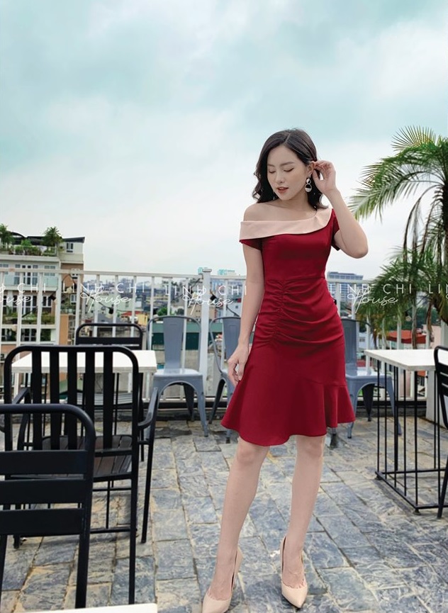 [HCM] Đầm Nữ Đuôi Cá Lệch Vai Nhún Eo BY8132