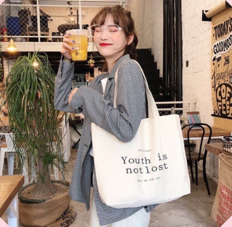 Túi tote vải canvas ulzzang đa dạng họa tiết có khóa miệng ngăn phụ vải bố mộc màu be không nhuộm hóa chất