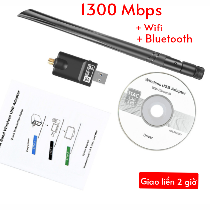 Thiết bị kết nối, USB thu WiFi + BLUETOOTH 600Mbps, có 5G, dùng cho PC máy bàn laptop, nhỏ gọn, không dây có driver sẵn cho win 10 11