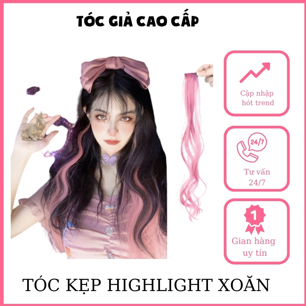 Tóc giả kẹp highlight xoăn dài sợi tơ cao cấp