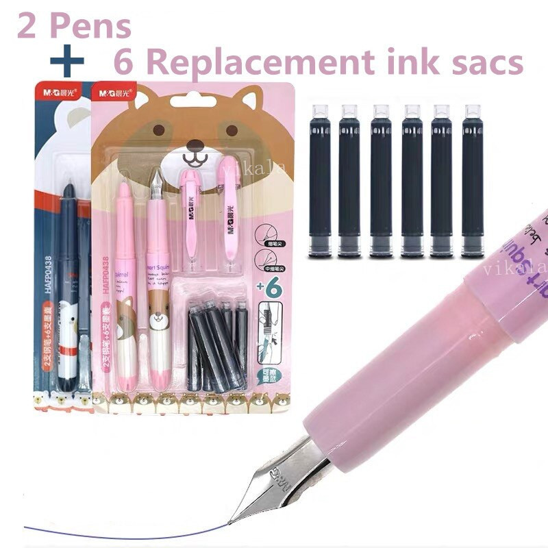 (Tặng kèm 2 ống mực tím) Bộ sản phẩm 2 bút máy + 6 ống mực (ngòi trơn 0.5 và 0.38mm) M&G-HAFP0438