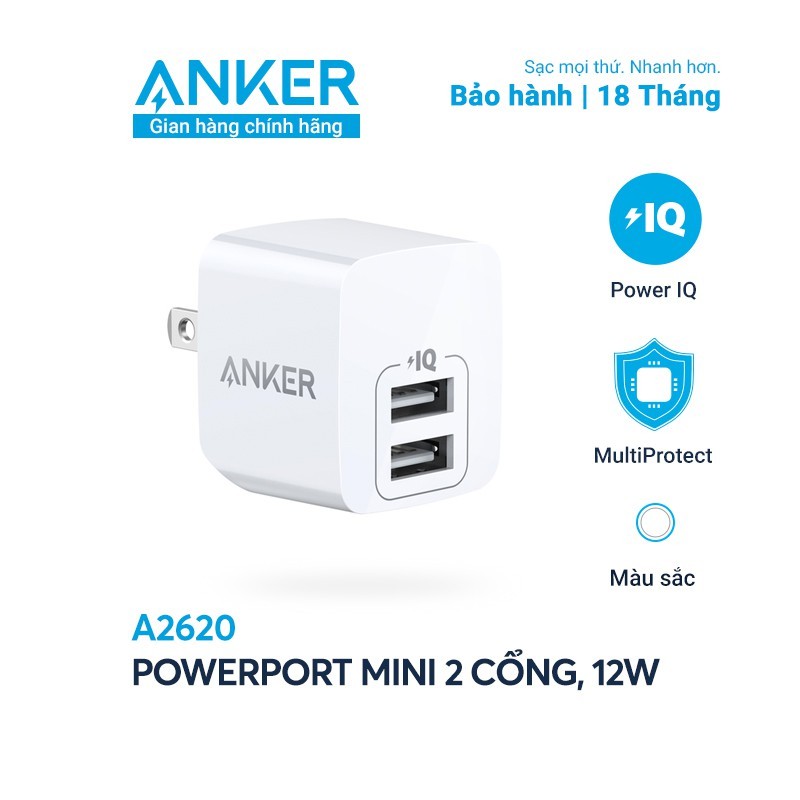 Cốc Sạc ANKER PowerPort Mini 2 cổng 12W Hàng chính hãng- A2620