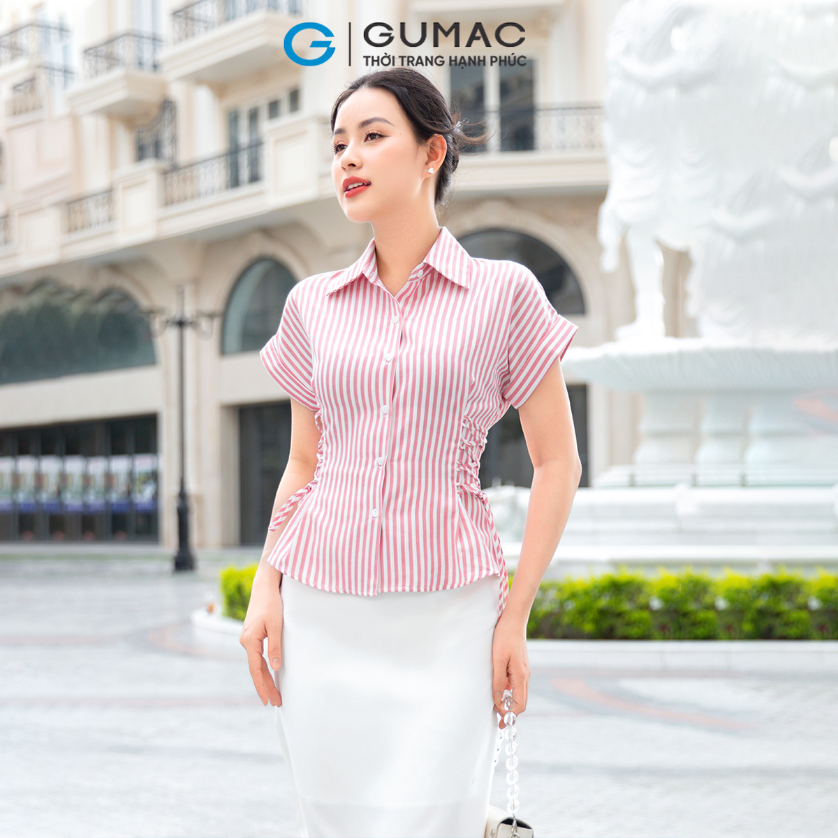 Áo kiểu nữ GUMAC AD09001 dáng peplum phối thắt dây eo