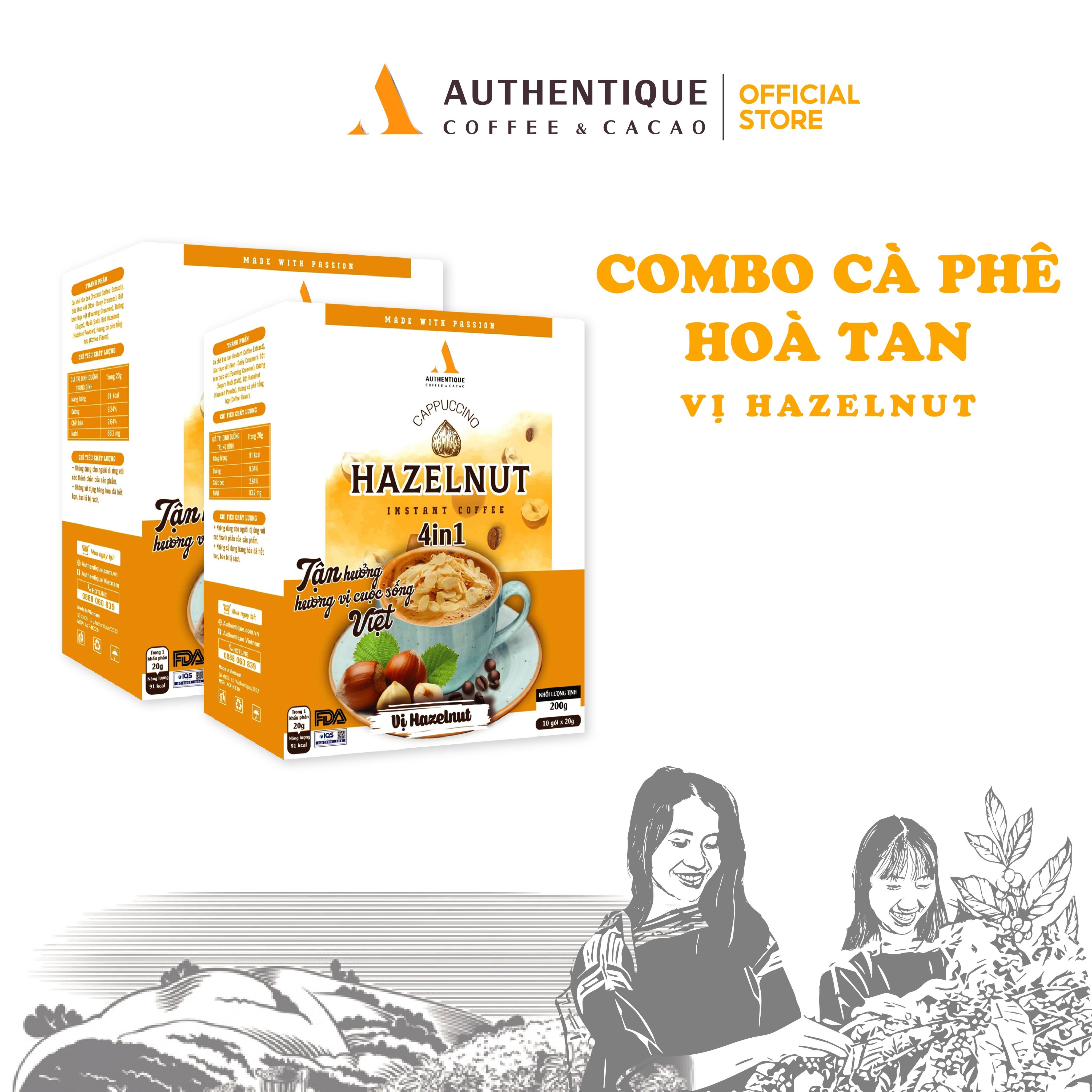Cà phê hòa tan Authentique vị Hazelnut 4in1 (Hộp 10Gói x 20G) | Cappuccino Hazelnut Authentique Instant Coffee