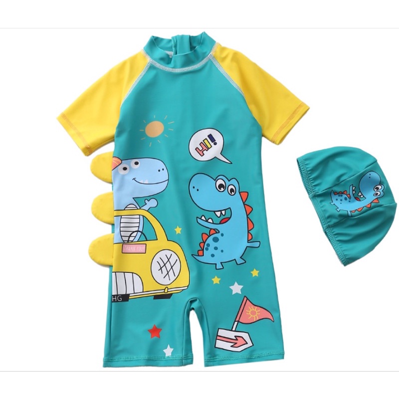 (có sẵn,kèm mũ) set đồ bơi khủng long cho bé trai kèm mũ