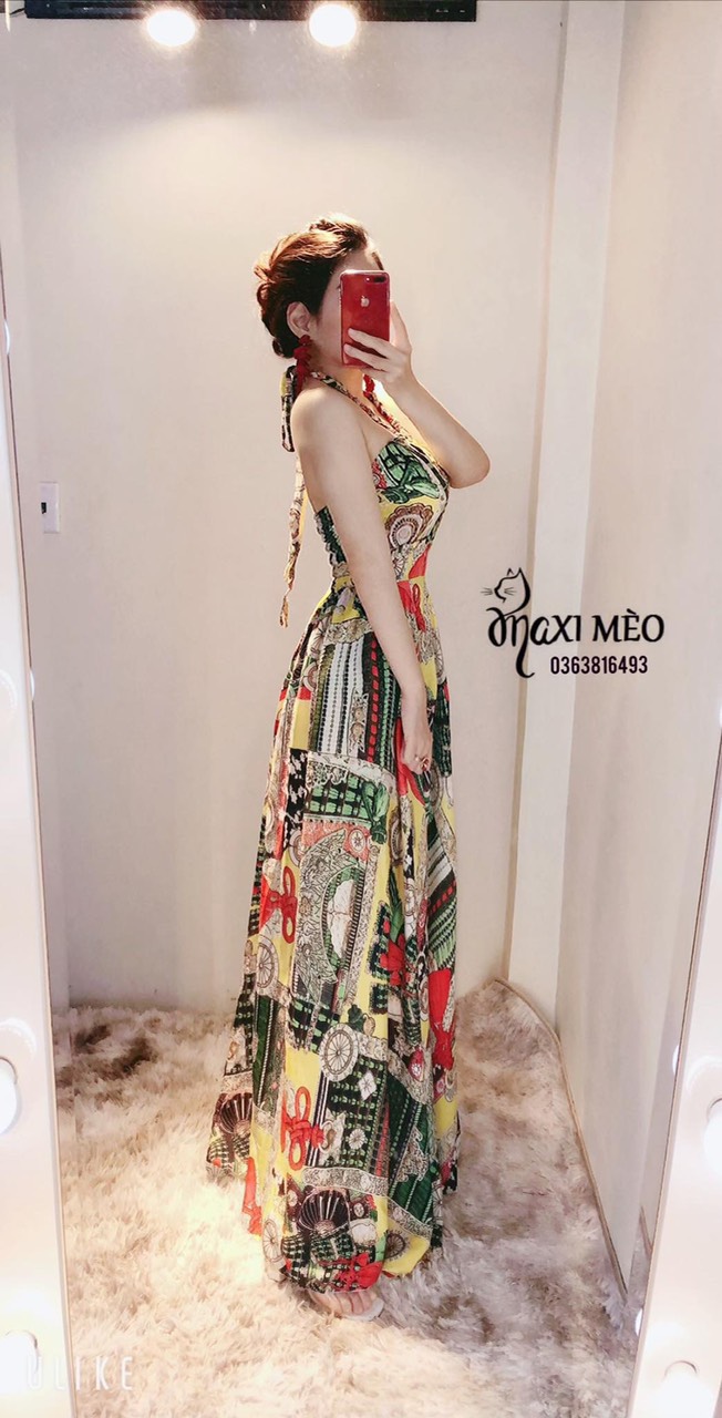 [HCM]Đầm maxi họa tiết thổ cẩm cổ yếm