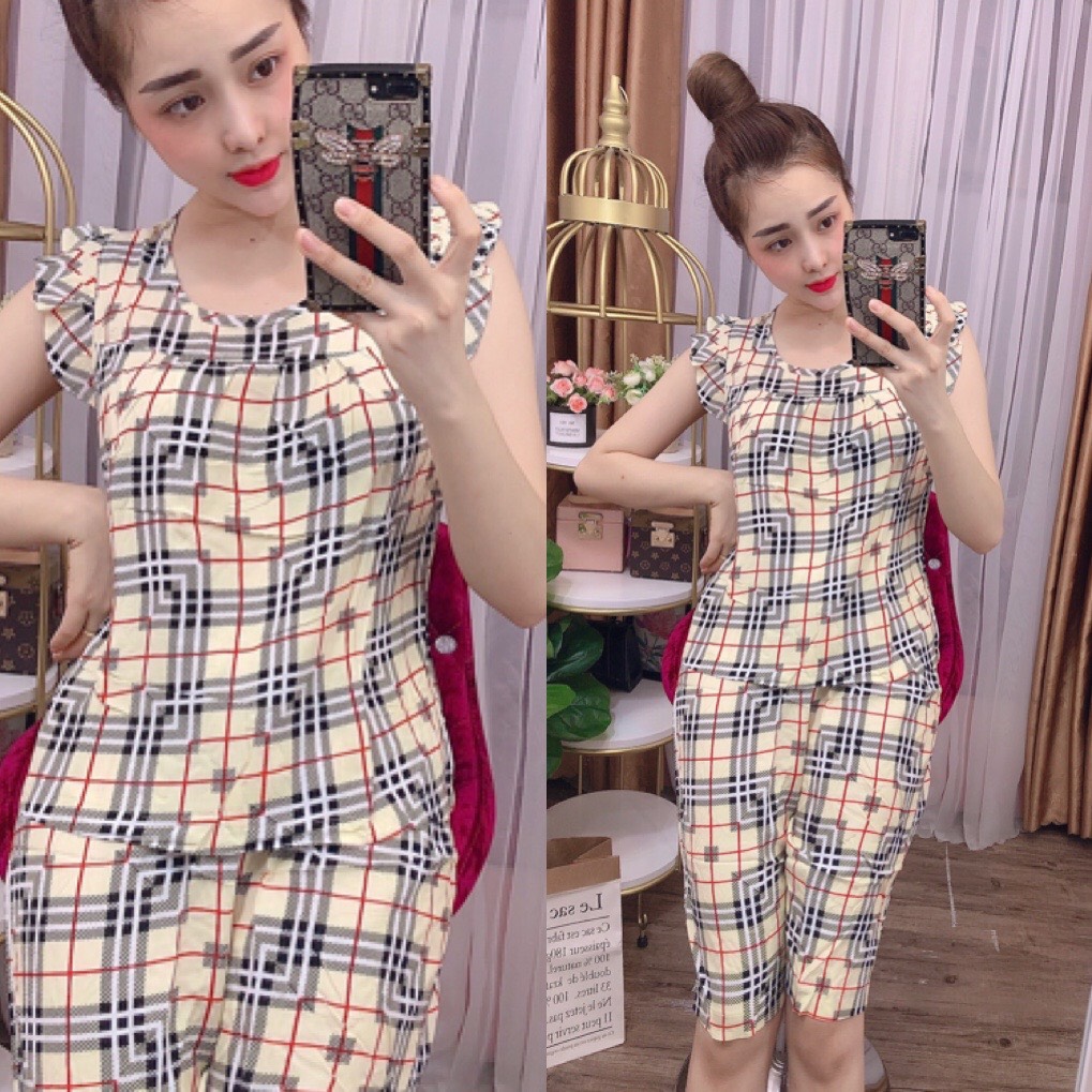 Bộ lanh mặc nhà , đồ bộ tole nữ , quần lửng tay cánh tiên,  họa tiết caro [CÓ SIZE] giao caro ngẫu nhiên   - TL07