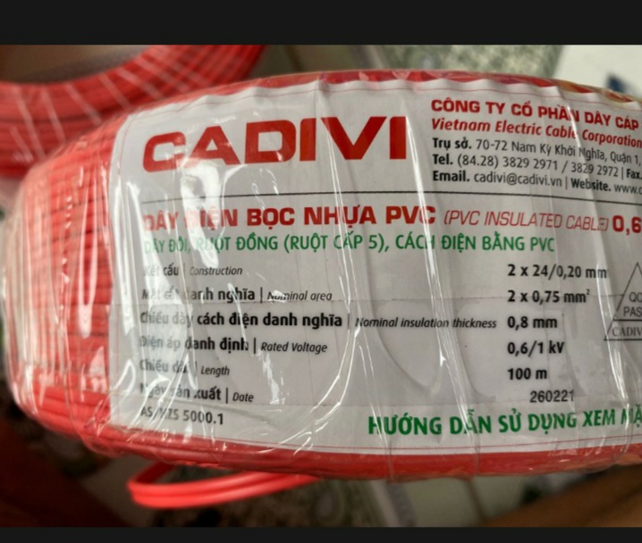 DÂY ĐIỆN ĐÔI 2X0.75 (  ĐÔI 24 ) CADIVI CUỘN 100 MÉT
