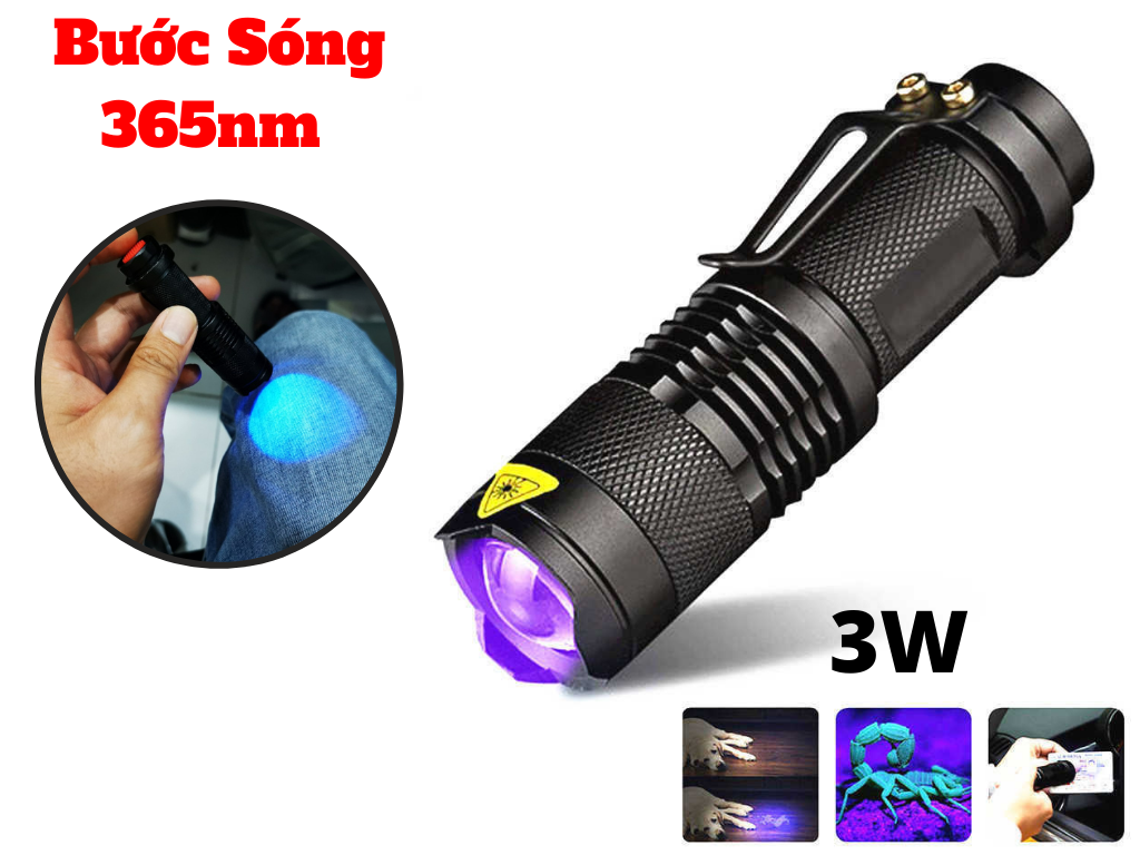 Đèn Tia Cực Tím UV Led Q5 Bước Sóng 365nm Soi Đá Sấy Keo Uv, Soi Tiền ,Soi Cavet Kèm Pin