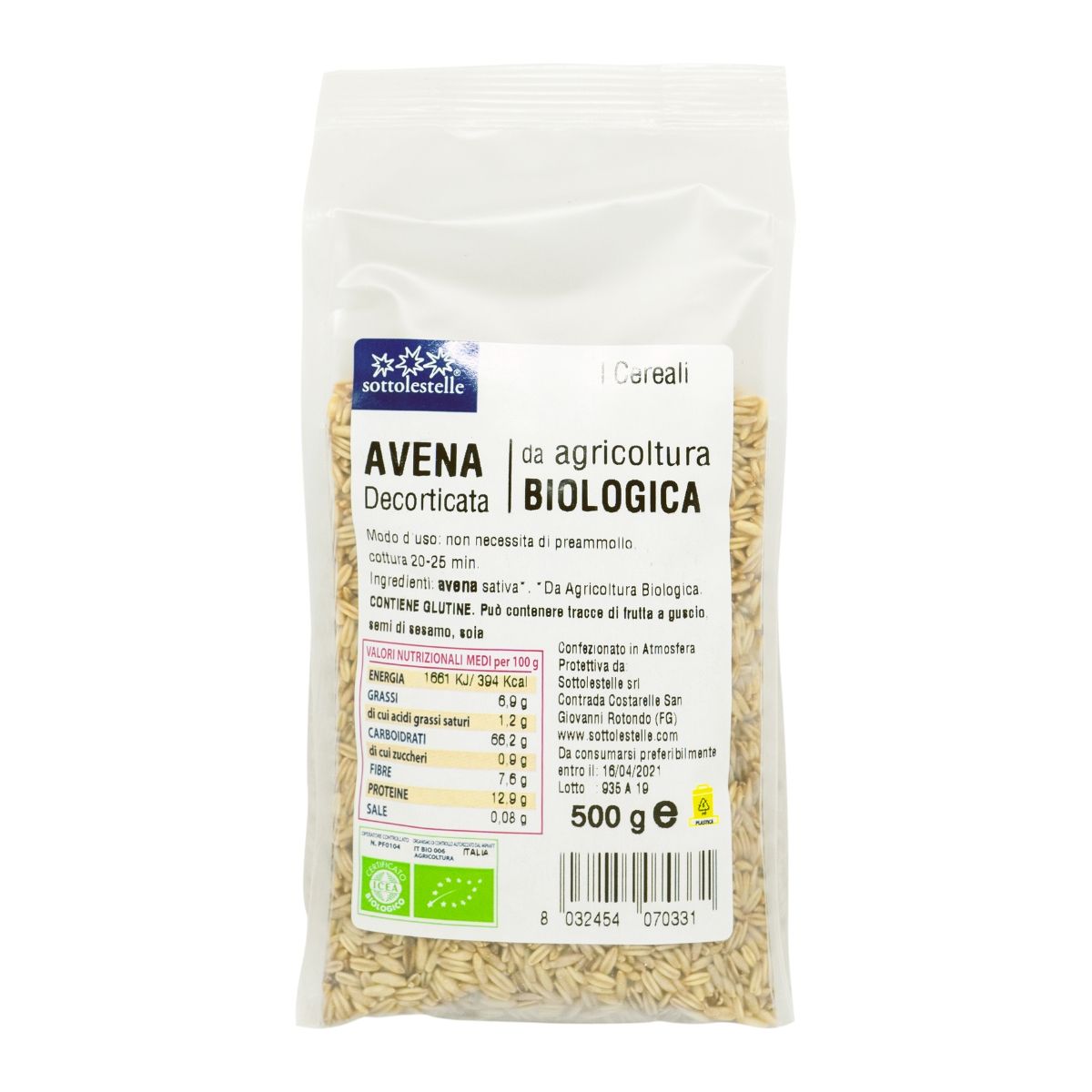 [HCM]Hạt yến mạch hữu cơ đã bóc vỏ Sottolestelle 500g Organic Hulled Oat