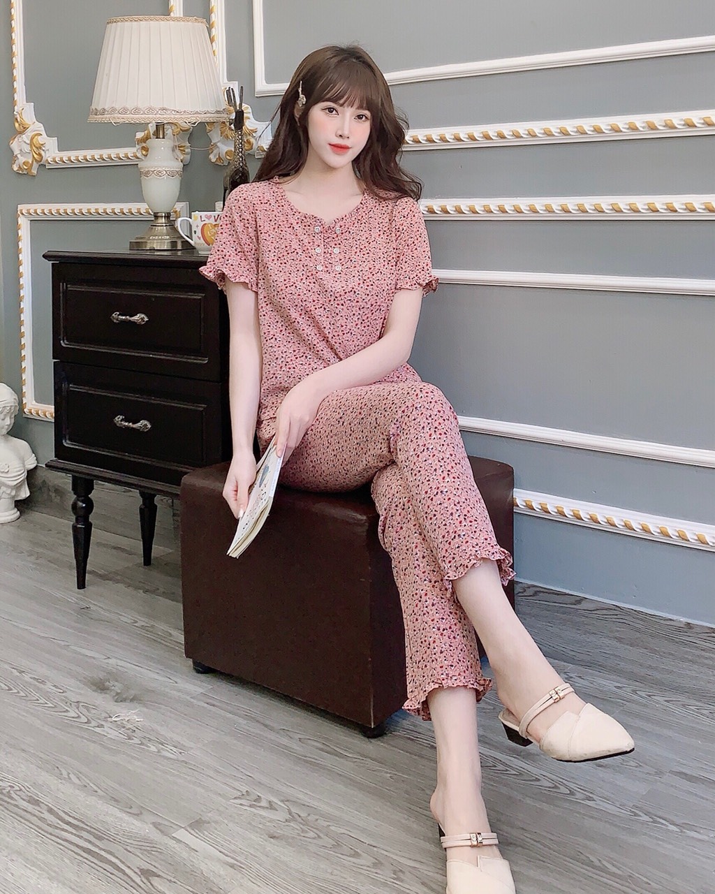 Bộ  mặc nhà 6 cúc cộc tay chất lụa mềm đẹp