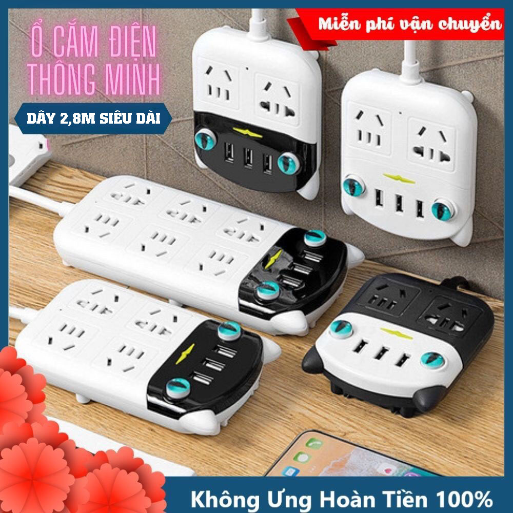 Ổ cắm điện hình con mèo, ổ điện thông minh đa năng chống giật, tích hợp cổng cắm USB chiều dài 2m8