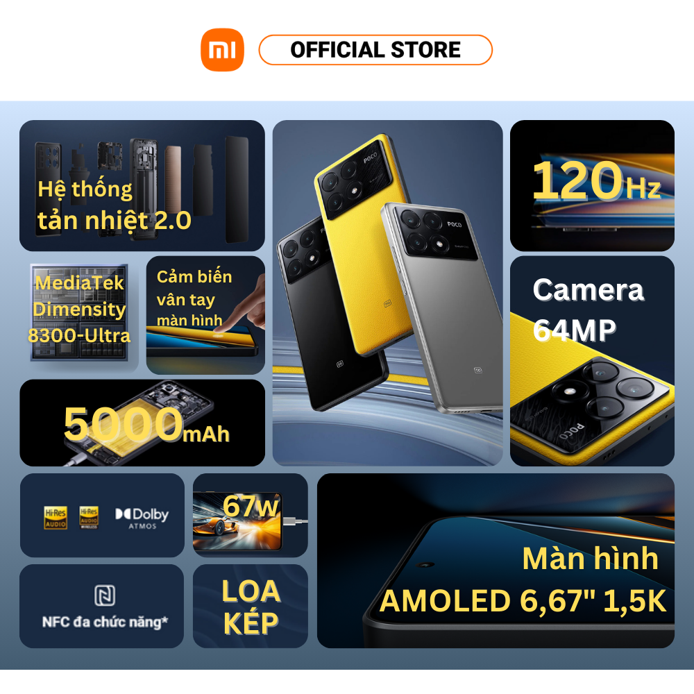 Điện thoại thông minh POCO X6 Pro 5G (8+256GB | 12+512GB) | Màn hình 120Hz AMOLED | MTK D8300 | 3 Cam 64MP | Pin 5000mAh Sạc nhanh 67W