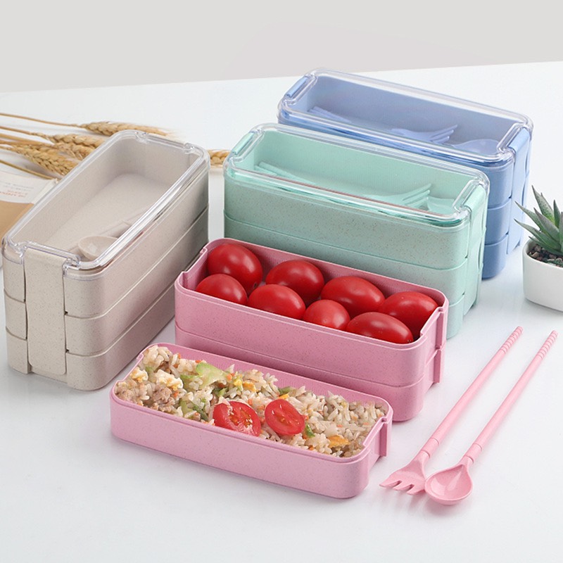 Hộp đựng cơm Lunch box lúa mạch ba tầng kèm đũa thìa cao cấp