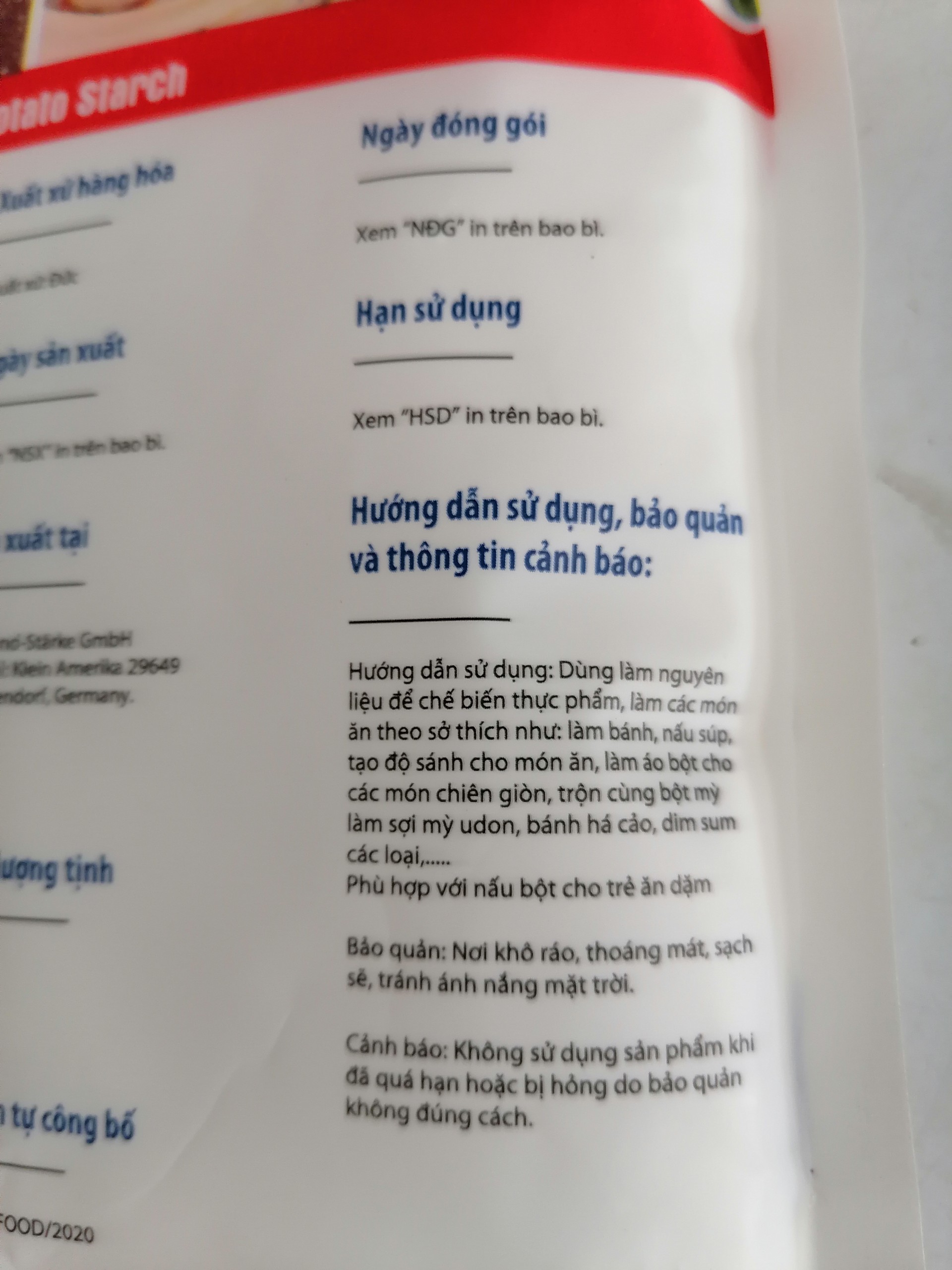 [400g] TINH BỘT KHOAI TÂY [Germany] EUFOOD Potato Starch (euf-hk)