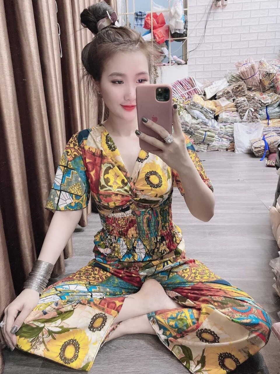 [HCM]Set bộ nữ thổ cẩm áo cổ V tay cánh dơi quần dài ống rộng